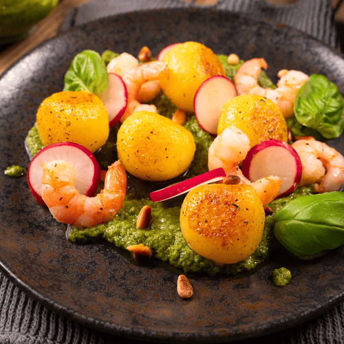 Knödelinos® mit Radieschenpesto & Garnelen – Leicht, würzig & raffiniert!