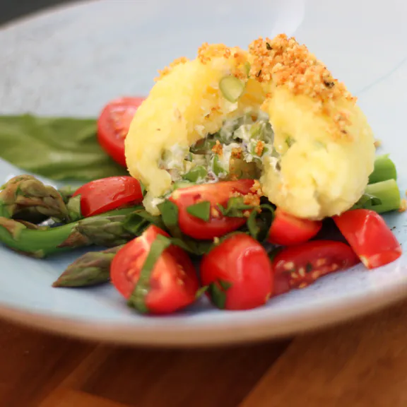 Knödel und Spargel: Hähnchen im Knödelmantel mit Spargelsalat